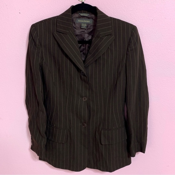 VTG Banana Republic Dark Brown Wool Pinstripe Blazer 4 - Picture 3 of 16